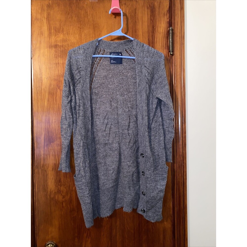 American Eagle Cardigan Sweater Gray Knit Long Line Dark Wool Blend Open Front